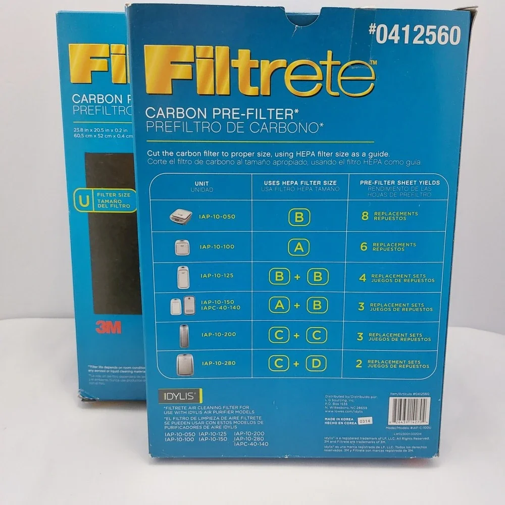 2- Filtrete Carbon Pre-Filter 0412560‎ for Idylis Air Purifiers Size U